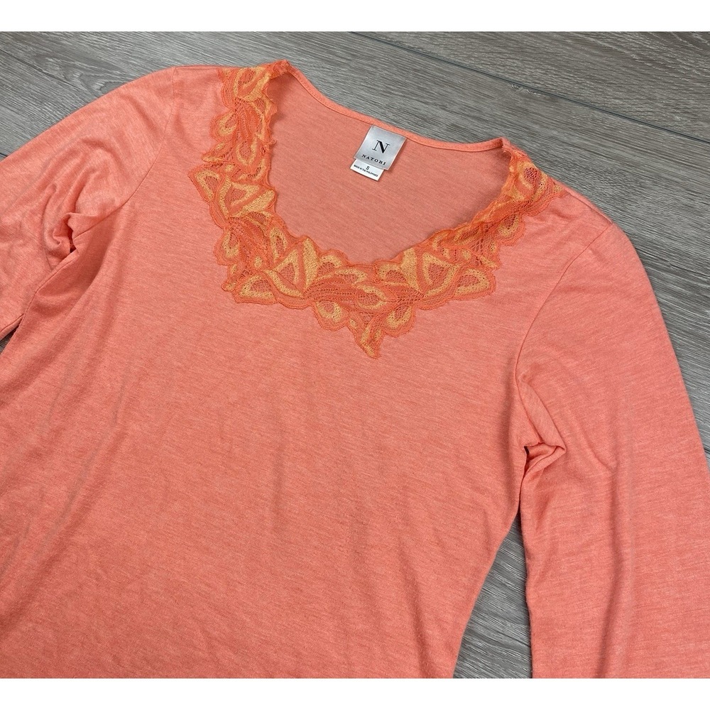 Natori Women's Lace Trim Long Sleeve Top Orange Size Small